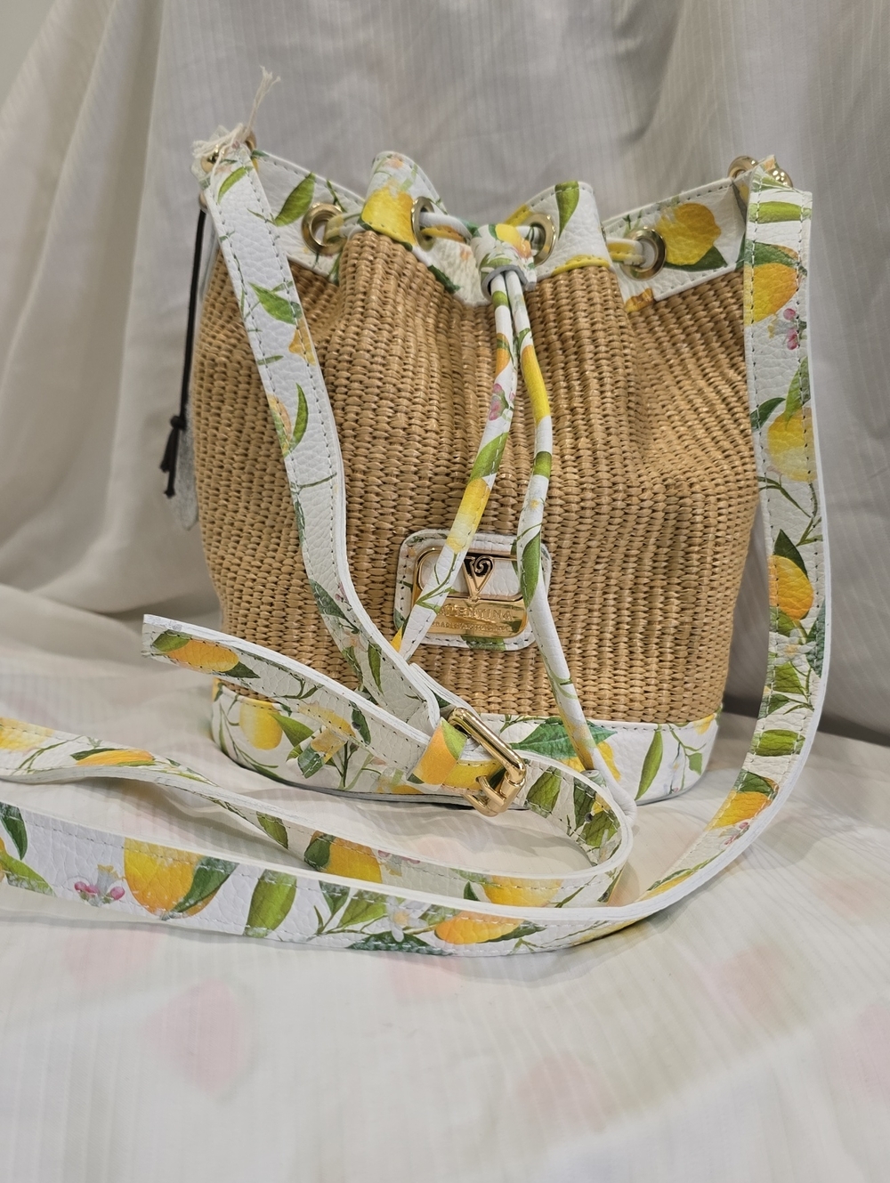Loeffler Randall Straw Bucket Bag with White Lemon-Print Trim
